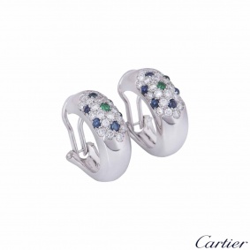 Cartier White Gold Diamond, Sapphire and Emerald Earrings